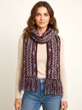 Wool Blend Purple Multi-Color Scarf with Fringe Detail